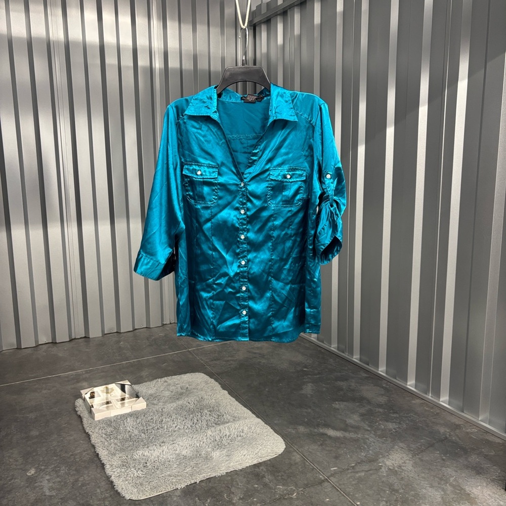 Cotton Express Stretch Turquoise Button Up 3/4 Sleeves Pockets Blouse Strap 2X